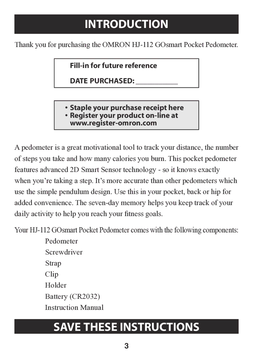 Omron HJ-112 instruction manual Introduction, SAVE THESE Instructions 